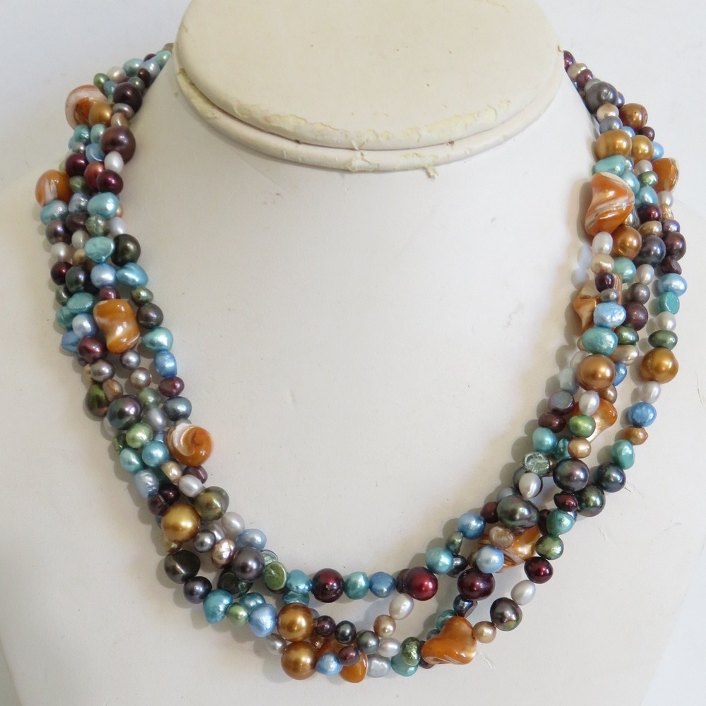 Multi Strand Mixed Pearl Bead Necklace Sterling‎ Clasp Copper Blue Green Red